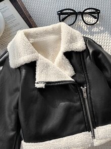 SHEIN 新生兒黑色PU保暖內裡夾克外套 街頭風可愛休閒 秋冬款 - 黑色 - 查看 3