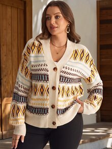 EMERY ROSE Women's Plus Size Vintage Geometric Pattern Drop Shoulder Long Sleeve Knit Cardigan Winter - Multicolor - View 2