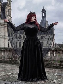 Whyspr European Women's Plus Size Black Mesh Shawl Strapless A-Line Velvet Long Slimming Party Evening Dress Halloween - Black - View 6
