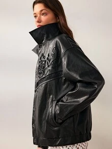 Willow Rêve Women's Black PU Embroidered Loose Jacket - Black - View 3