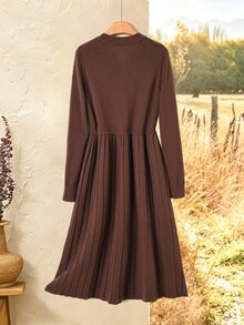 Rusticease Women's Solid Color Notch V-Neck Long Sleeve Waist Tie Knit Dress - Chocolate Brown - View 2
