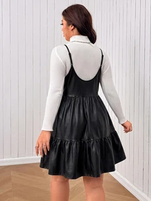 SHEIN EZwear 大尺碼女款純色PU皮革荷葉邊下擺細肩帶洋裝 - 黑色 - 查看 5