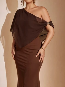 Cravure Plus Size One Shoulder Sheer Cape Draped Slim Fit Mermaid Maxi Elegant Formal Party Dress - Brown - View 4