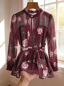 SHEIN Clasi 女款時尚復古花卉印花百褶長袖襯衫 - 酒紅色 - 查看 1