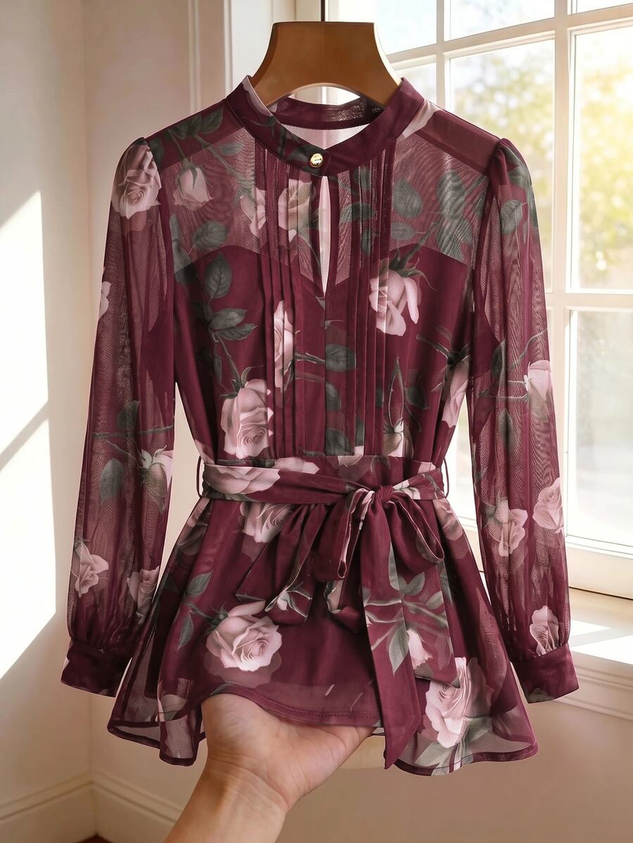SHEIN Clasi 女款時尚復古花卉印花百褶長袖襯衫 - 酒紅色 - 查看 1