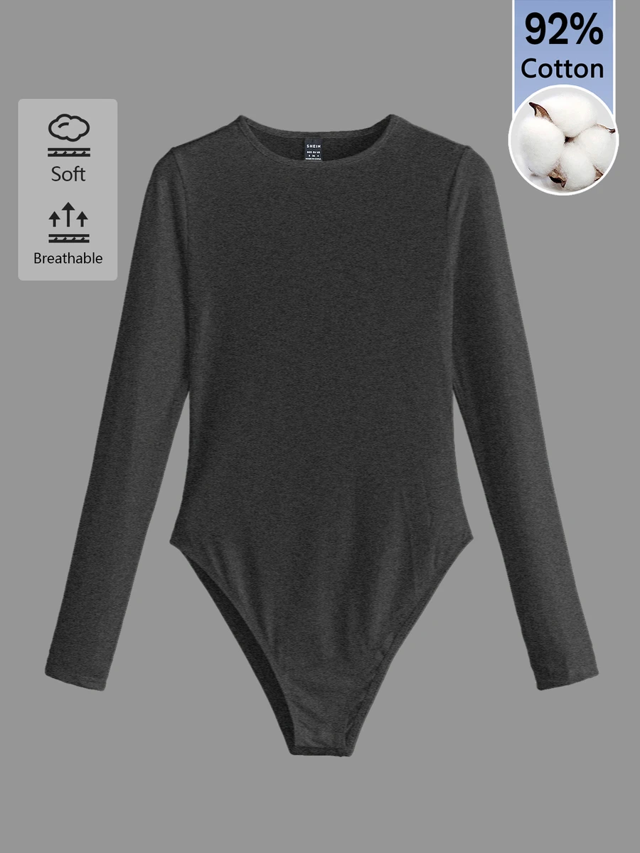 SHEIN BASICS 女款純色圓領長袖休閒連身衣T恤 - 深灰色 - 查看 1
