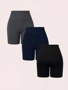 SHEIN BASICS 女款純色高腰日常健身運動短褲 - 彩色 - 查看 2