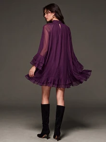 CielaLinda Women's Purple Boho Chiffon Mini Dress, Long Sleeve Ruffle Dress - Purple - View 2