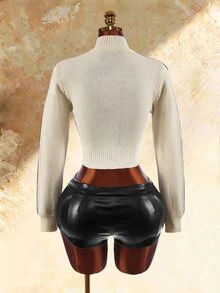 Amplova New Chinese Style Frog Button Knit Sweatshirt, Avant-Garde Sexy, Suitable For Autumn/Winter Outfits, Waist-Cinching Cropped Slim Fit, Contrast Color Placket, Suitable For Party And New Year Outfits - Apricot - View 2
