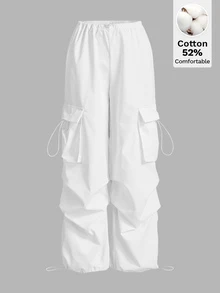 SHEIN ICON 黑色翻蓋口袋側抽繩腰部工裝褲 - 白色 - 查看 1