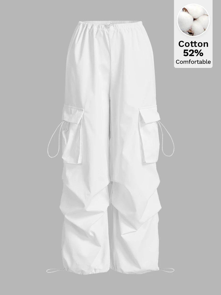 SHEIN ICON 黑色翻蓋口袋側抽繩腰部工裝褲 - 白色 - 查看 1
