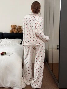 Napfluff Cute Polka Dot Women's Fuzzy Pajama Set, Autumn/Winter Loungewear - White - View 2