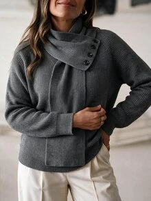 Linhara CURVE Plus Size Women's Raglan Long Sleeve Loose V-Neck Thick Grey Sweater Scarf Fall Office Working Elegant Casual - Grey - View 8
