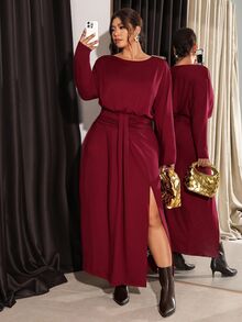 Firerie Purple-Red Autumn/Winter Waist-Cinching Flared High-Slit Long Sleeve Elegant Dress/Shoulder Metal Buckle Fall/Winter Elegant Wedding Guest Dress Women - Red Violet - View 4