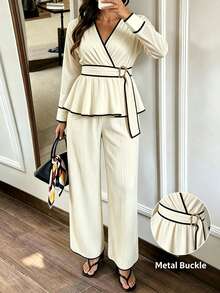 SHEIN Elenzya Plus Size Women's Beige & White Contrast Trim V-Neck Long Sleeve Top And Pants Set - Apricot - View 3