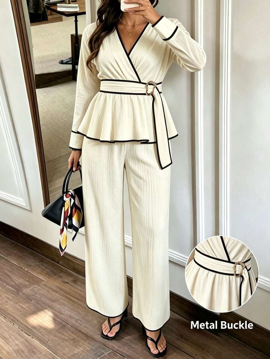 SHEIN Elenzya Plus Size Women's Beige & White Contrast Trim V-Neck Long Sleeve Top And Pants Set - Apricot - View 1