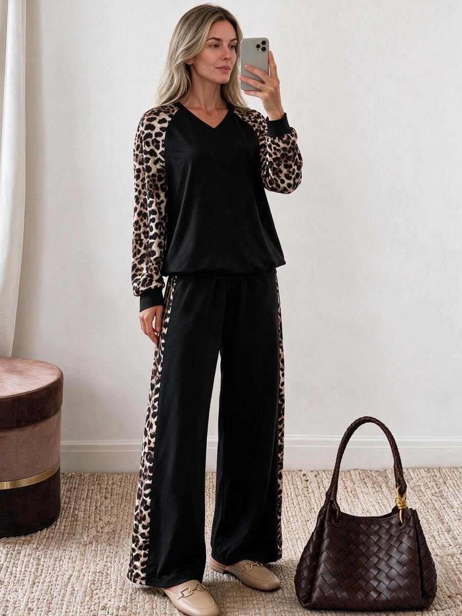 Louniche Women's 2 Pieces Set With Leopard Print Raglan Long Sleeve V-Neck Top And Elastic Waist Straight Leg Wide Leg Pants, Colorblock Patchwork Loose Fit Flattering Casual Home Outing Commute Outfit - Black - View 1