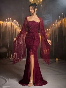 Glamrae Elegant Burgundy Lace, Pearl And Rhinestone Decorated Strapless With Flutter Sleeves Mermaid Skirt Women's Evening Gown - Burgundy - View 6