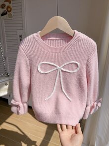 SHEIN كنزة صوفية للبنات بلون الشوفان مصنوعة يدويًا من الكروشيه بتريكو سميك، بياقة مستديرة، أسلوب خريفي/شتوي، بتفاصيل أنيقة وعصرية من الكشكشة على شكل زهرة اللوتس عند الحافة والأكمام - متعدد الألوان - مشاهدة 3
