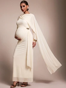 MaterniChic Maternity Elegant Dress With Metal Flower Decor, Ruched Waist And Flowing Ribbon Design - Apricot - View 4