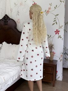 CottageSlumber Women's Romantic Floral Print Coral Fleece Mid-Length Robe - White - View 2
