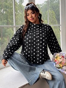 SHEIN EZwear 大尺碼女款波點休閒百搭日常長袖夾克 - 黑與白 - 查看 3
