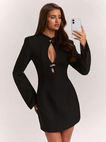 SHEIN BAE جاكيت بليزر نسائي بلون موحد كاجوال للتنقل والسفر بأكمام طويلة - الأسود - مشاهدة 8