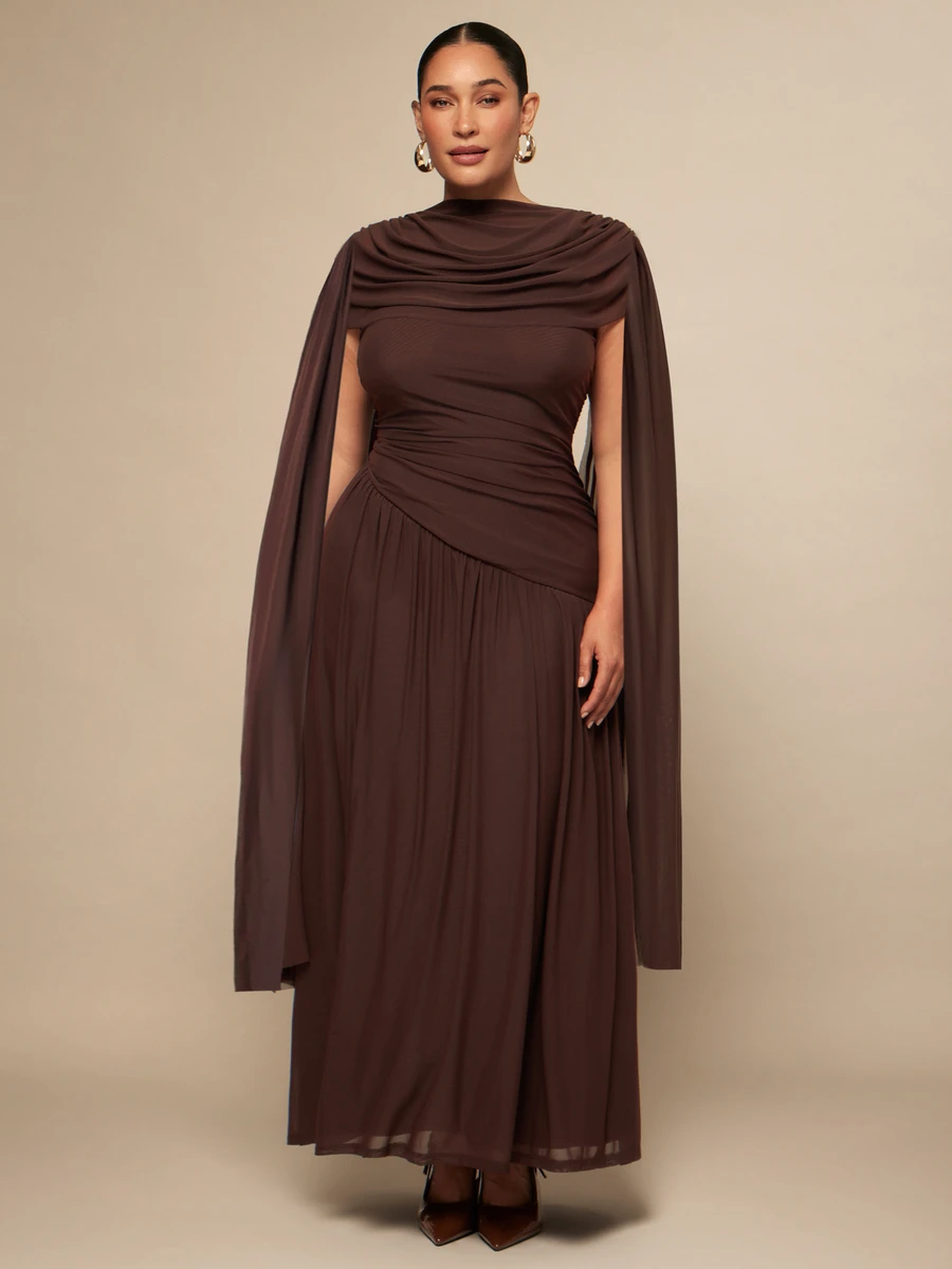 SHEIN BAE CURVE Elegant Brown Plus-Size Long Gown Suitable For Special Occasions, Featuring A Draped Design And Long Cape Sleeves. Autumn/Winter Style; - Coffee Brown - View 1