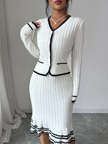 Elenzga Women's French Elegant Beige & Contrast Color Trim Knit Cardigan & Pleated Bodycon Knit Skirt 2 Pieces Set - Beige - View 5
