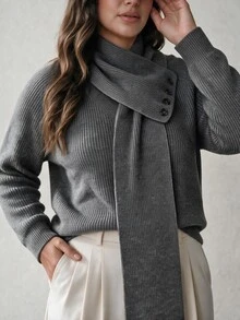Linhara CURVE Plus Size Women's Raglan Long Sleeve Loose V-Neck Thick Grey Sweater Scarf Fall Office Working Elegant Casual - Grey - View 9