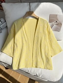 Comfortcana Plus Size Street Fashion Embroidered Textured Thin Jacket - Pale Yellow - View 6