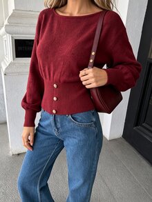 SHEIN PariChic Women's Off-Shoulder Asymmetric Pullover Sweater, Solid Red, Lantern Sleeves & Metal Button Detail, Elegant Waist-Fit For Office & Gatherings - Burgundy - View 4