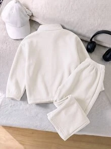 SHEIN Genkimix Kids 2件組少女針織衛衣 單面刷毛半拉鍊上衣 休閒經典百搭淺灰色 2件套 - 白色 - 查看 2