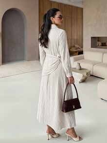 Mulvari Striped 2 In 1 Side Waist Knot Shirt Midi Dress - White - View 2