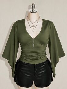 SHEIN ICON 女款大尺碼純色V領百褶喇叭袖T恤 - 軍綠色 - 查看 4
