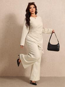 Elaquor Plus Size Women Solid Color Pleated Asymmetric Hem Blouse And Wide Leg Pants Casual 2 Pieces Set - Apricot - View 1