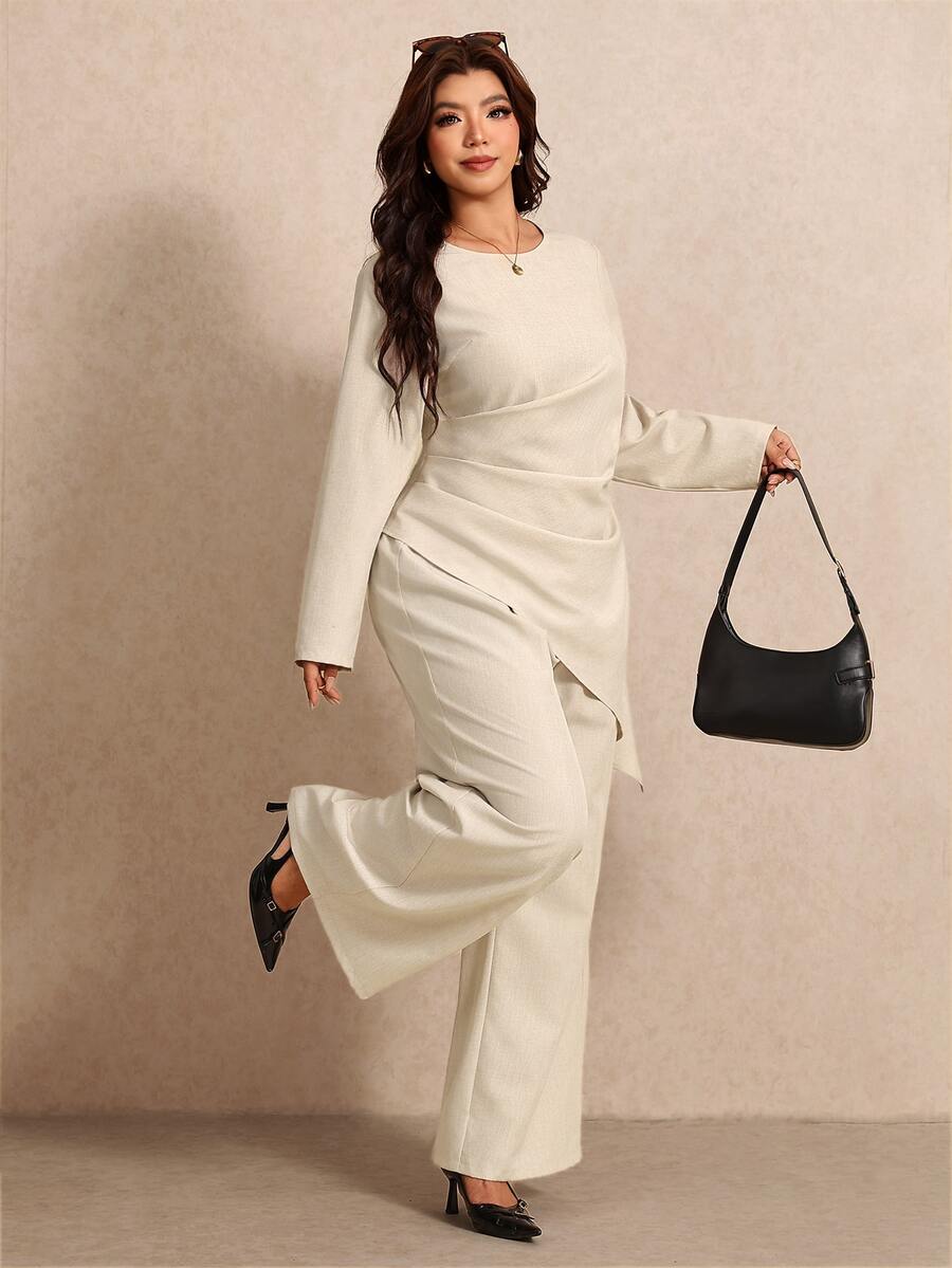 Elaquor Plus Size Women Solid Color Pleated Asymmetric Hem Blouse And Wide Leg Pants Casual 2 Pieces Set - Apricot - View 1