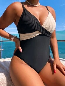 Swim Vcay Plus Size Brown Ribbed Texture & Beige Ribbed Texture Fabric Patchwork Design Women's One-Piece Swimsuit With Large Scoop Neck, Suitable For Summer Beach And Vacation - Black and White - View 5