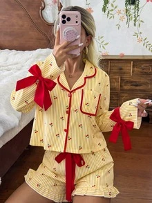CottageSlumber Cute Bowknot Ruffle Heart Stripe Long Sleeve Loungewear - Multicolor - View 3