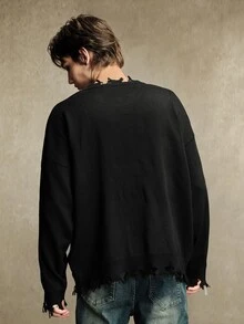 ROMWE MEN Men's Brush Pattern Distressed Hem Drop Shoulder Loose Fit Long Sleeve Sweater - Black - View 3