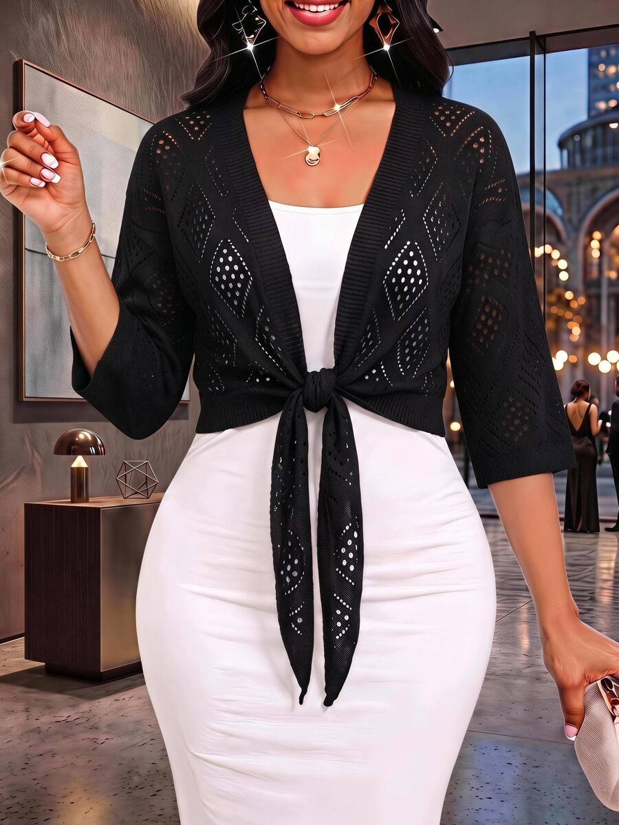 SHEIN Lady Vacation Hollow Knit Women's Sweater - Black - View 1