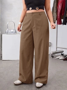 SHEIN EZwear 卡其色純色斜口袋休閒基礎大尺碼西裝長褲，秋冬款 - 卡其色 - 查看 4