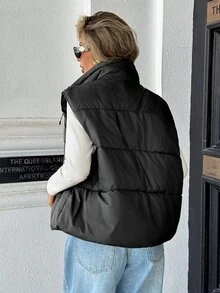 Aveloria Modichic Women Stand Collar Drawstring Quilted Vest Zip Up Sleeveless Side Pockets Simple Versatile Padded Waistcoat - Black - View 2