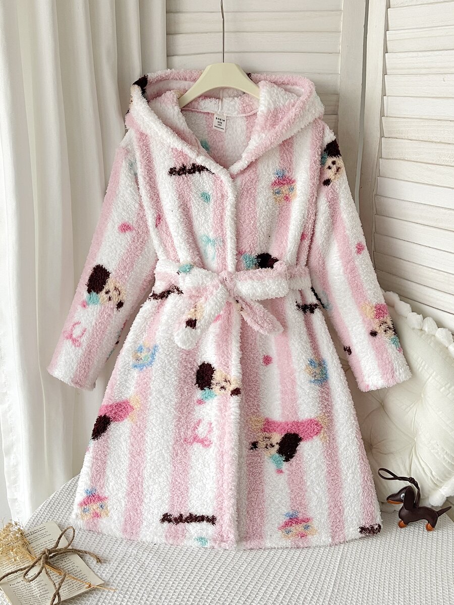 SHEIN 青少年女孩可愛狗狗印花毛絨內裡加厚居家服,適合日常穿著,秋冬款 - 彩色 - 查看 1