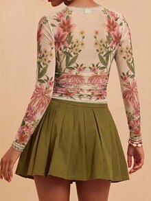 Travachic 女款花卉印花圓領長袖修身時尚上衣 - 彩色 - 查看 3