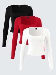 SHEIN BASICS 3PCS Women Solid Color Square Neck Long-Sleeved Slim-Fit Versatile T-Shirt - Multicolor - View 1