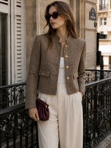 Pariaura Women's French-Style Plaid Jacket, Stand Collar & Metal Buttons, Structured Shoulder Fit, Relaxed Elegant Design For Office & Commuting, Fall/Winter - Coffee Brown - View 1