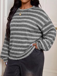 SHEIN PETITE CURVE 大尺碼圓領條紋秋季休閒傳統 Y2K 90年代機場辦公度假 T-shirt - 灰色 - 查看 4