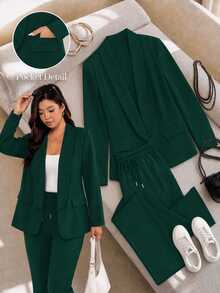 Shapeblank Plus Size Women Solid Color Shawl Collar Long Sleeve Jacket And Pants Casual 2 Pieces Set - Dark Green - View 7