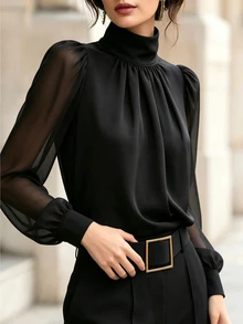 SHEIN European And American New Fashion High Neck Sexy Patchwork Semi-Transparent Long Sleeve Design Pullover Pleated Women's Blouse, Women's Spring/Autumn Top, Long Sleeve Top, Autumn/Winter Clothing, Autumn/Winter Outfit, Vacation, Outing, Y2K, Spring, Summer, Back To School, Casual, Beach, Business, Versatile, Sexy, Women's Black Blouse, Women's Commuter Top - Black - View 4
